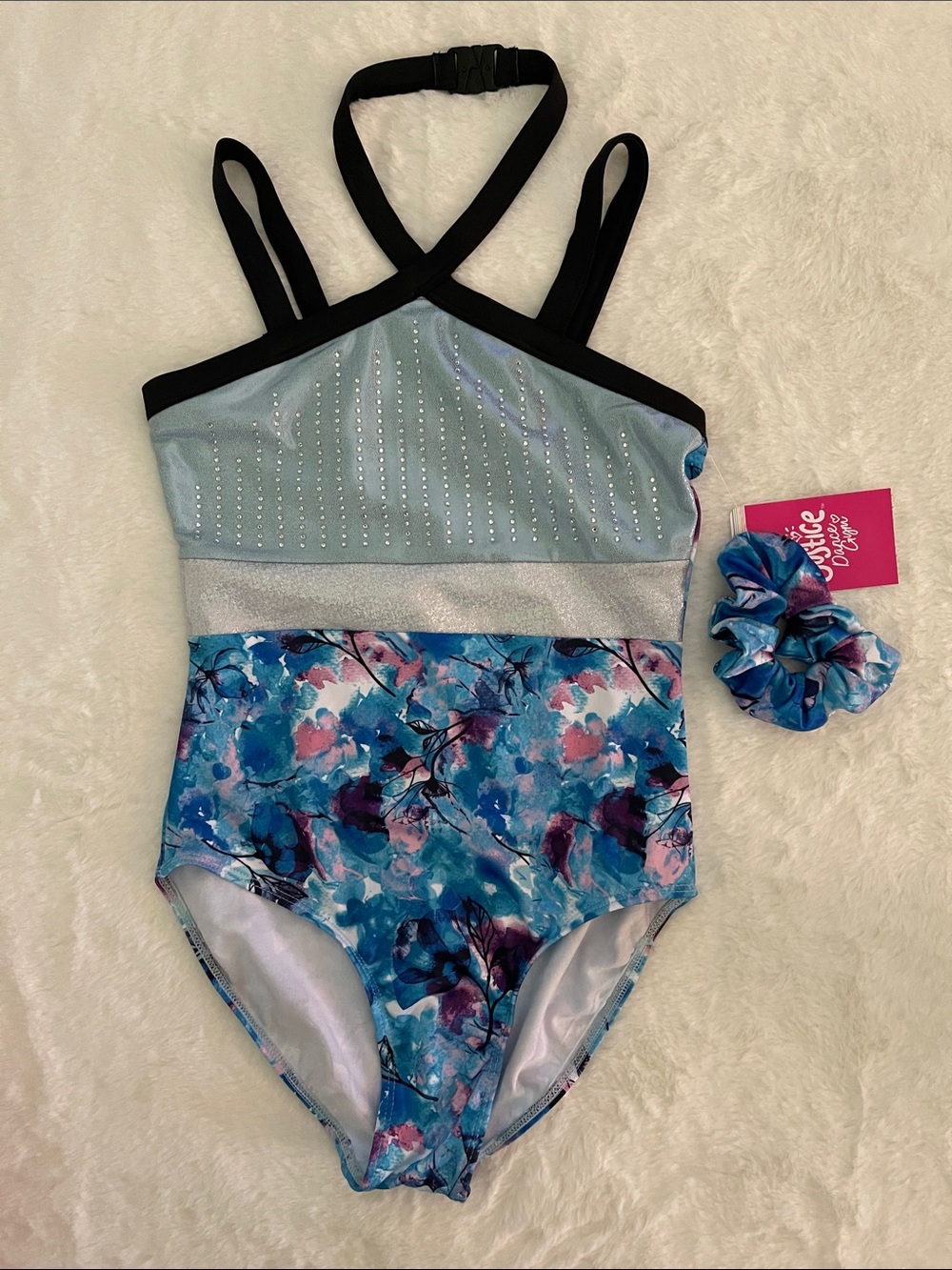 Justice Girls Blue Metalic Floral LEOTARD with Scrunchie  SZ M 10